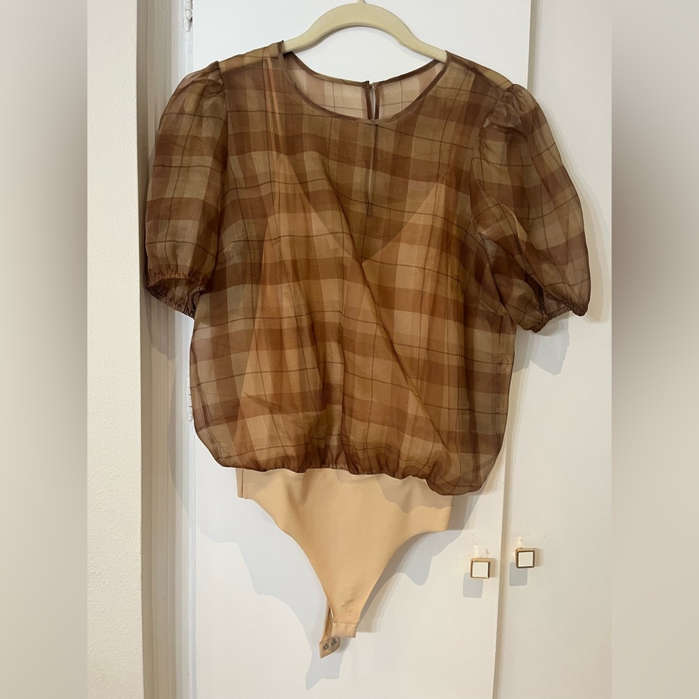 Cami NYC Plaid Puff Sleeve Bodysuit - Brown and Tan